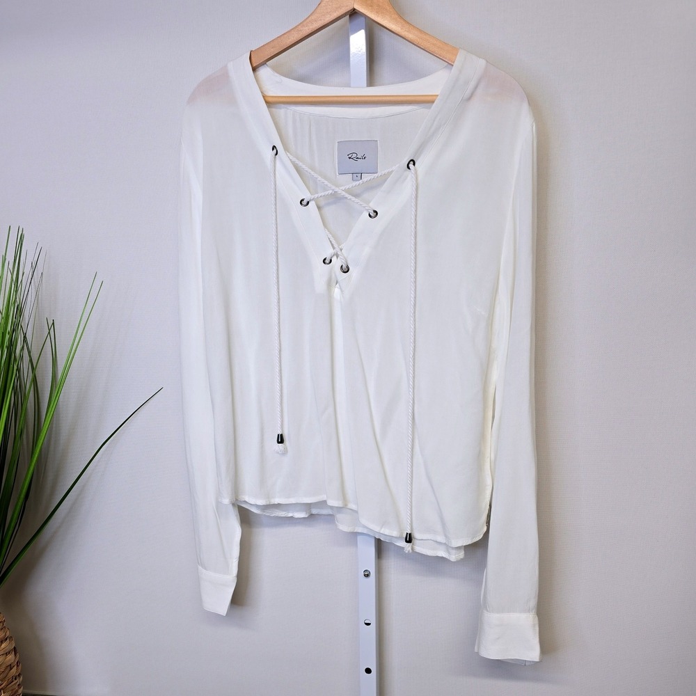 Rails Womens White Lace Up V-Neck Long Sleeve‎ Rayon Blouse Shirt Size Large